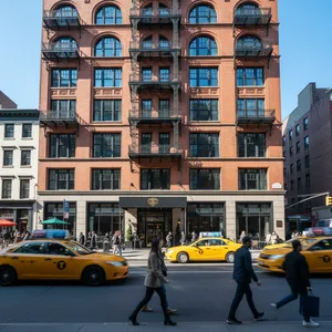 The grand exterior of the Soho Grand Hotel in SoHo, Manhattan, showcasing its impressive 17-story brick architecture on a sunny day.