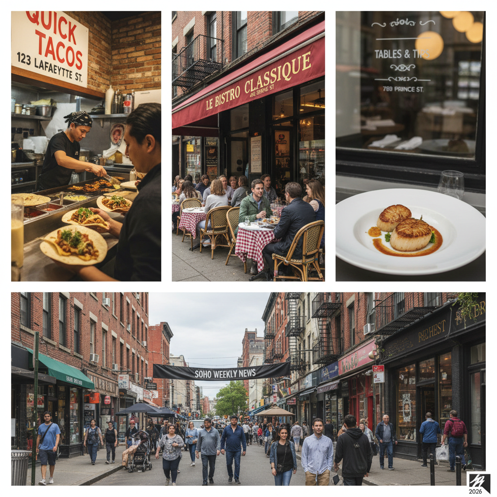Collage of 5 diverse SoHo restaurants, showcasing different cuisines and dining ambiances for 2026.