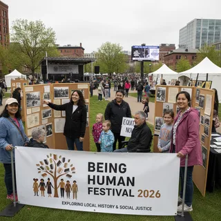 Community members gathering at a public humanities event in a New York park