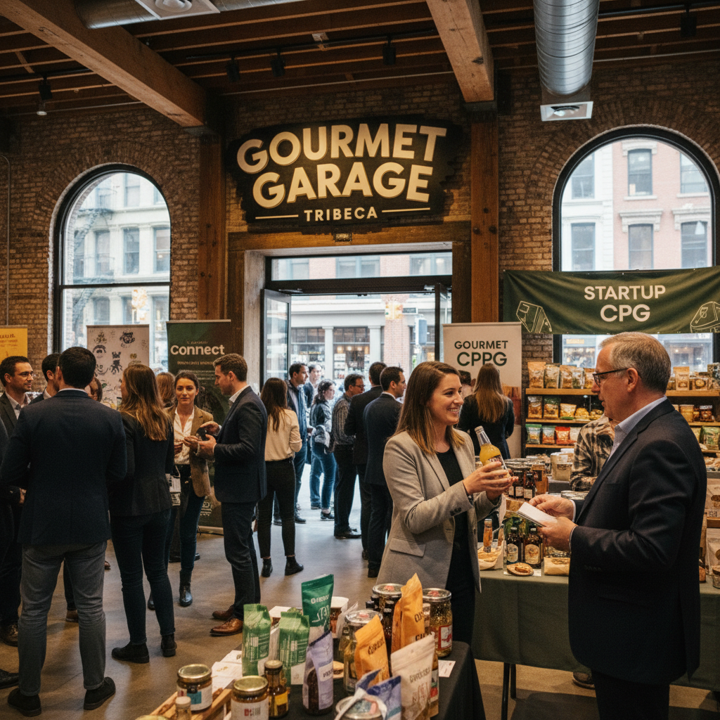 Entrepreneurs and buyers networking at a Gourmet Garage event with artisanal food products on display.