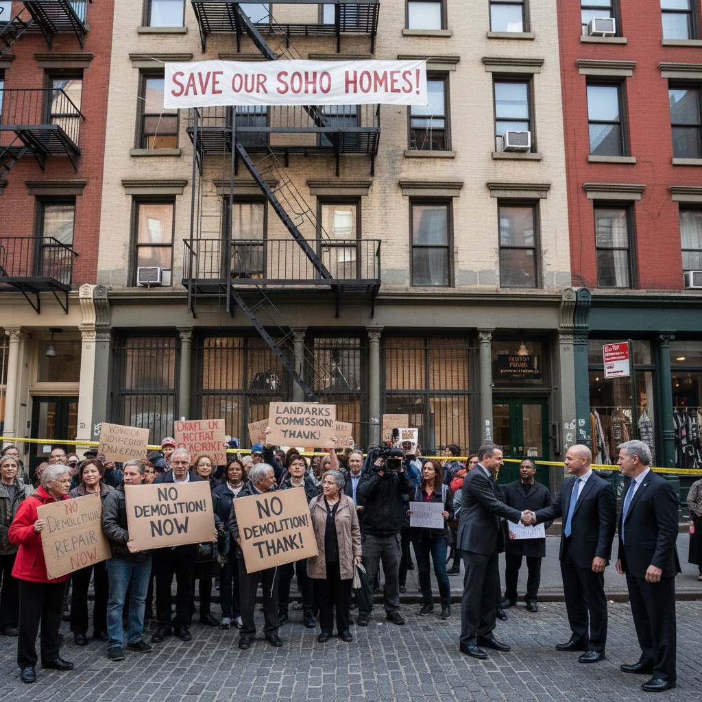 Exterior of a historic SoHo tenement building with a 'For Sale' sign, NYC Landmarks Preservation Commission offices in background.