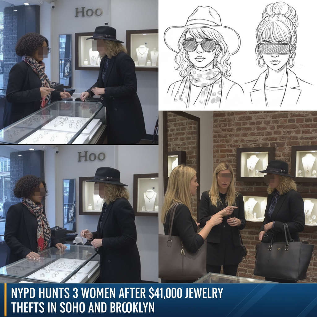 Three women sought by NYPD for distraction-related jewelry heists totaling over $41,000 in SoHo and Williamsburg stores.