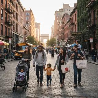 SoHo neighborhood street with diverse school buildings, capturing public and private educational options near residences.