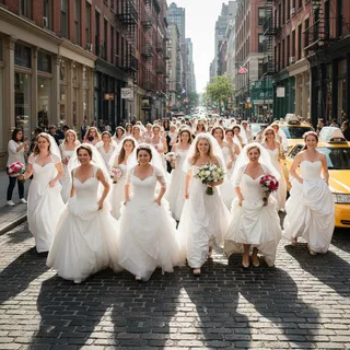 Seventy-five brides in wedding dresses fill a Manhattan street during a flash mob event.