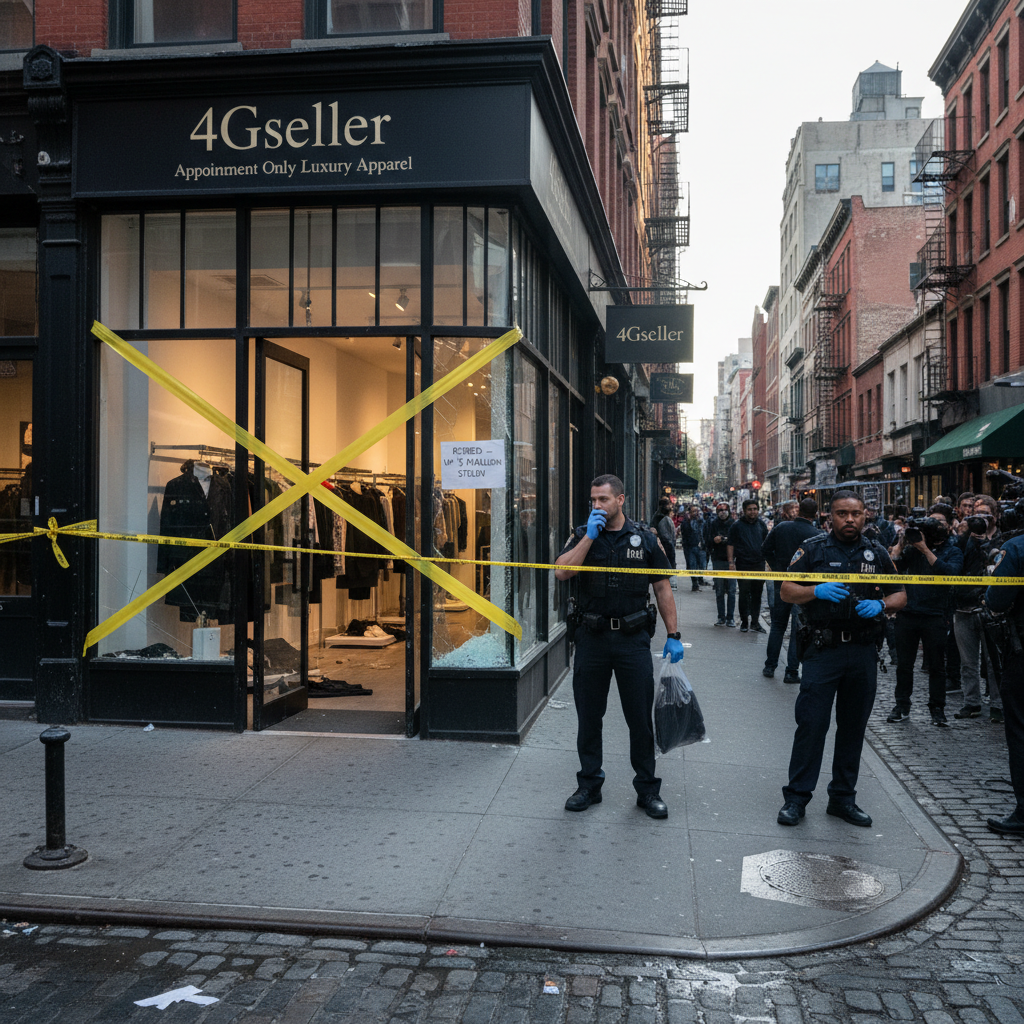 Four individuals during a luxury apparel heist at the appointment-only SoHo boutique 4Gseller.