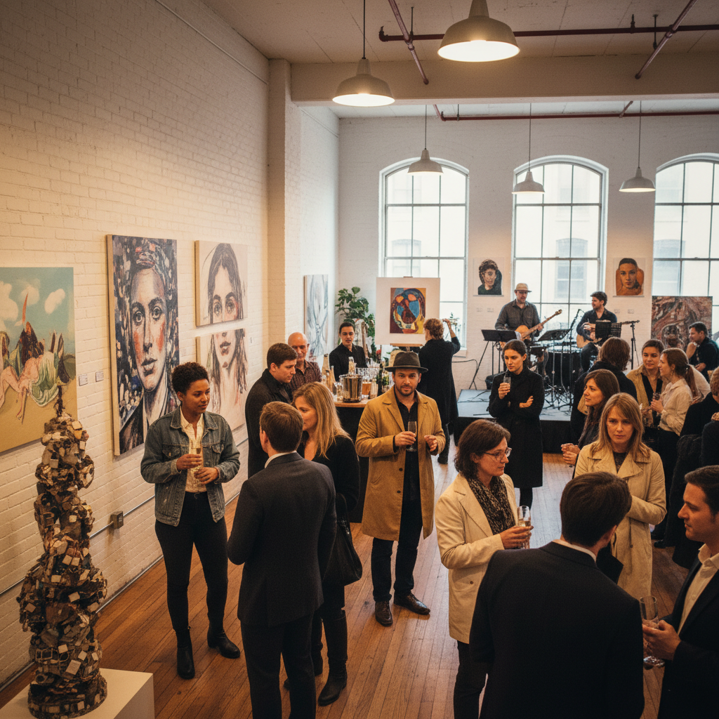 People mingling at an art exhibition in a SoHo loft with art for sale and live music.