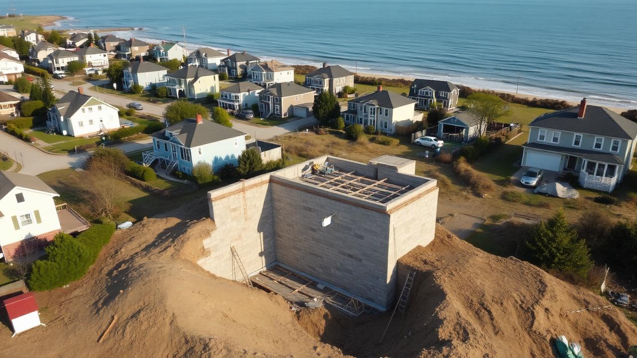 Aerial view of a coastal Long Island neighborhood with foundation reinforcement construction work underway