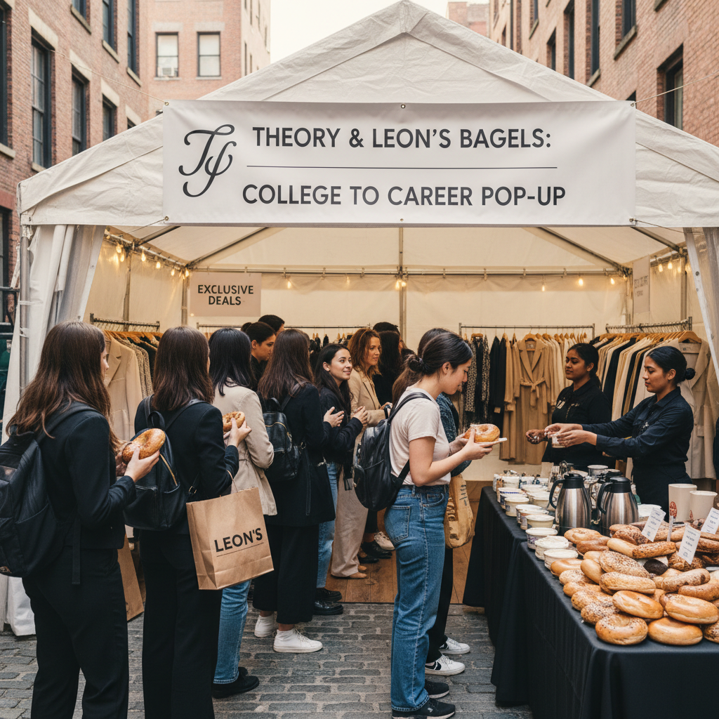 A sunlit setting with Theory clothing and Leon's Bagels, celebrating the college-to-career transition.