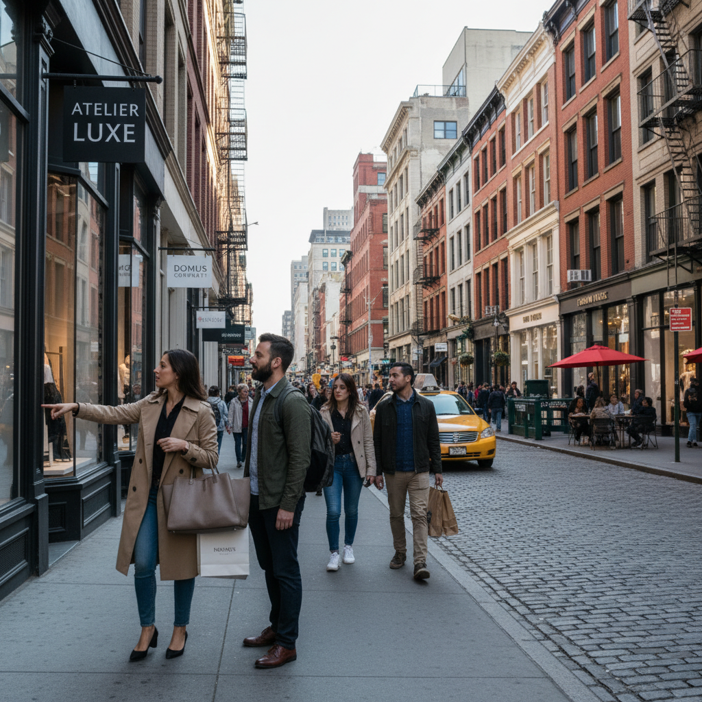 SoHo street view with diverse storefronts showcasing fashion and home goods under natural light.