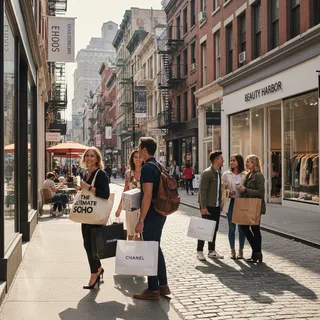 Street scene in SoHo, New York City, with diverse shoppers browsing high-end boutiques and stores during the day.