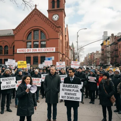 Rally in front of Tony Dapolito Recreation Center advocating for renovation over demolition.