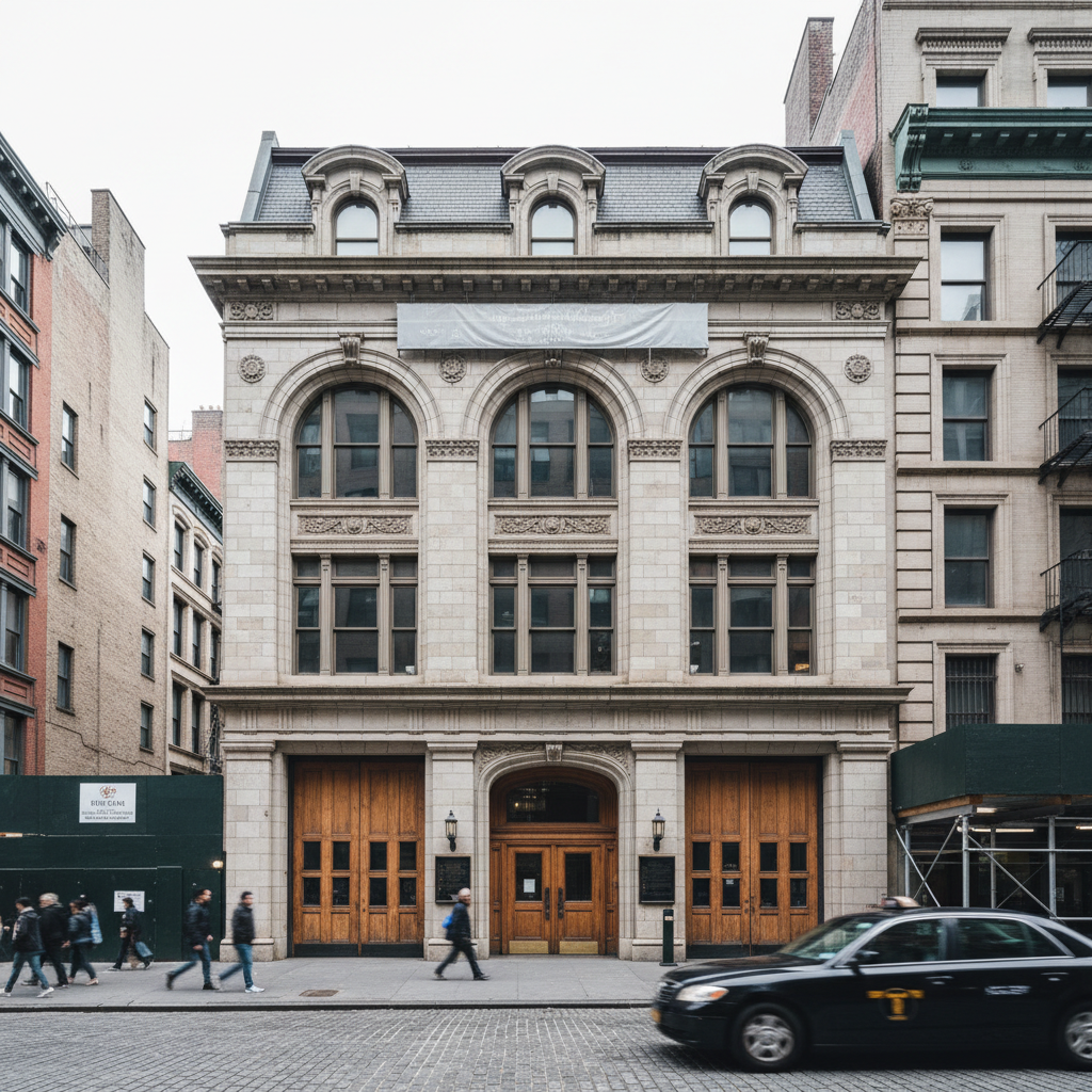 Exterior of a historic Beaux-Arts firehouse in SoHo, NYC, with large windows and ornate details.