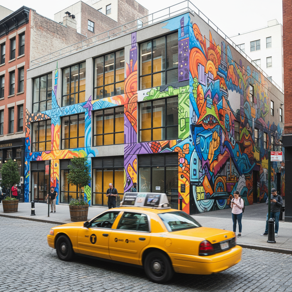 The Manhattan Mini Storage facility on 260 Spring Street in SoHo, Manhattan, featuring its distinctive street art mural and a yellow taxi driving by.