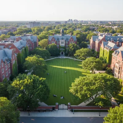 Aerial view of the beautiful and green Manhattan University campus in Riverdale, The Bronx, with historic brick buildings and a central quad.
