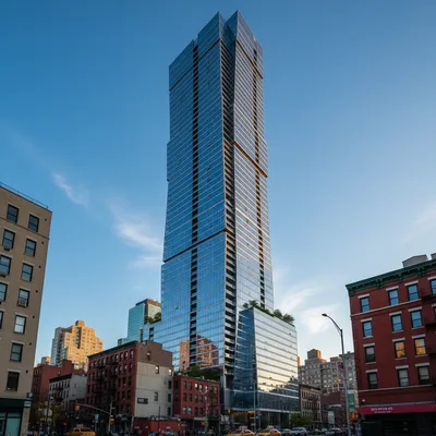 The tall glass skyscraper of One Manhattan Square rising into the sky, viewed from the street level on the Lower East Side of Manhattan.