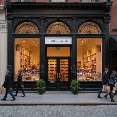 The former Purl Soho storefront in SoHo, Manhattan, showing its classic cast-iron facade, large windows, and simple, elegant signage.
