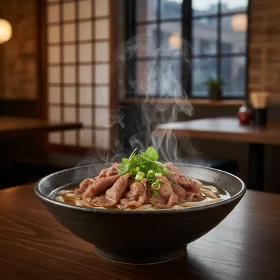 A delicious-looking bowl of Niku Udon noodle soup served at Raku Soho, a popular Japanese restaurant located in SoHo, Manhattan.