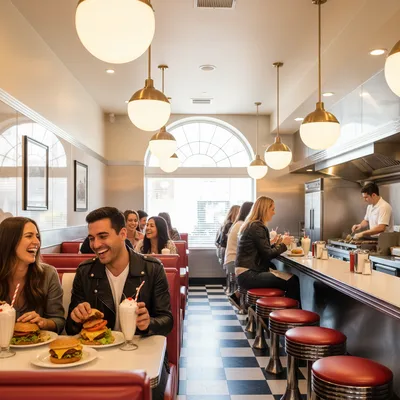The vibrant interior of Soho Diner in SoHo, Manhattan, featuring classic red booths, counter searing, and large, warm overhead lighting.