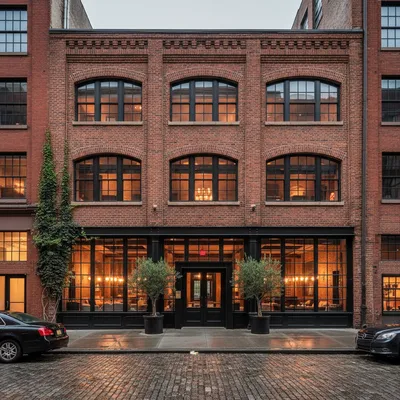 The stately red-brick exterior of the Soho House New York building on a sunny day in the SoHo, Manhattan neighborhood.