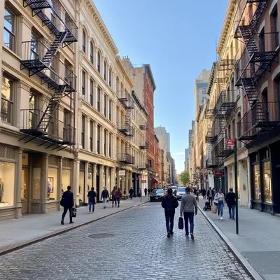 A sunny day on a classic cobblestone street in SoHo, Manhattan, lined with historic cast-iron buildings, upscale boutiques, and fire escapes.