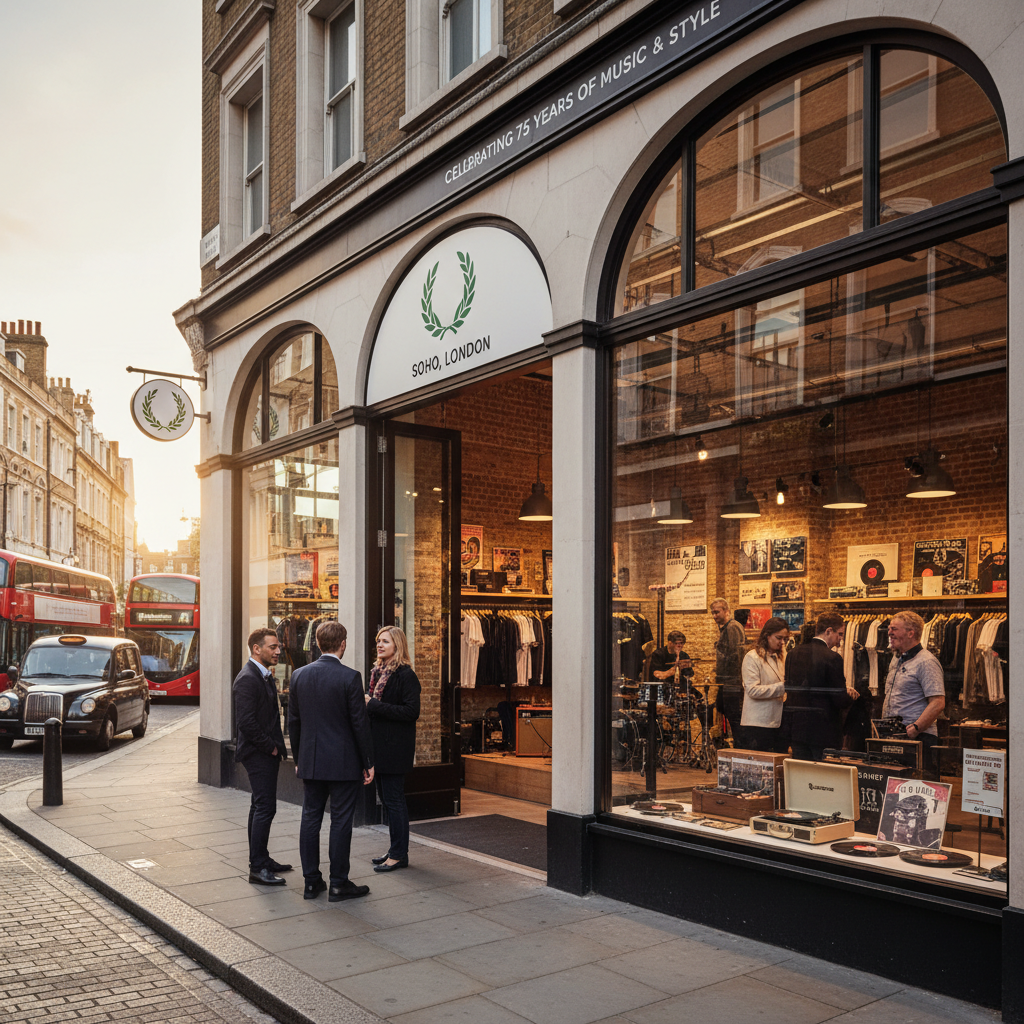 Fred Perry flagship store in Soho, London, adorned with iconic laurel wreath logo and music memorabilia.