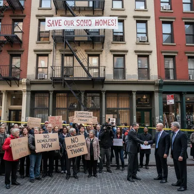 Exterior of a historic SoHo tenement building with a 'For Sale' sign, NYC Landmarks Preservation Commission offices in background.