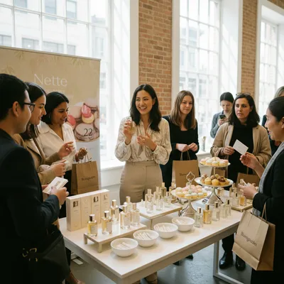 Carol Han at Bloomingdale's SoHo with Nette's fragrance display and sweet treats for an anniversary event.