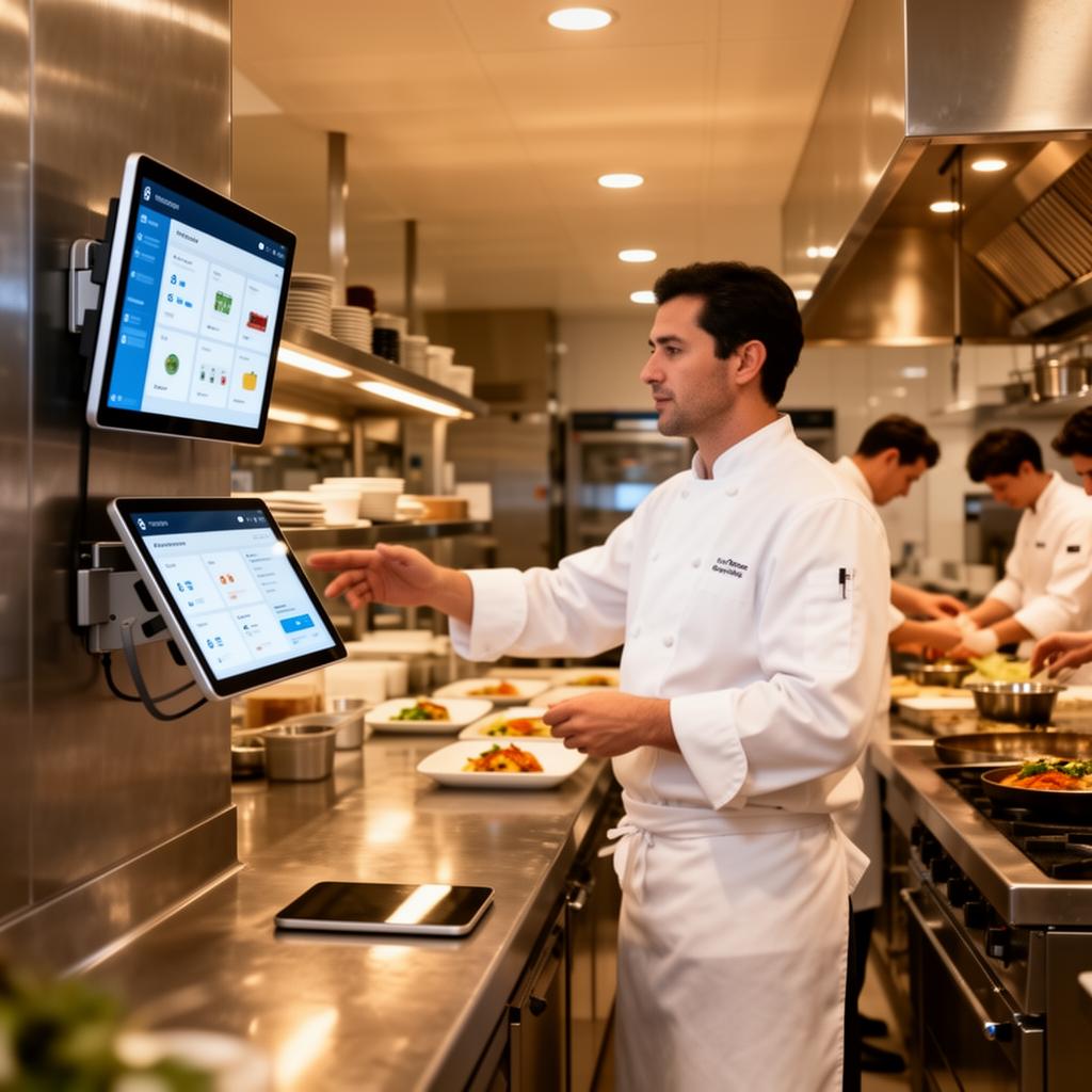 Chef reviewing digital dashboard on mounted tablet in modern commercial kitchen