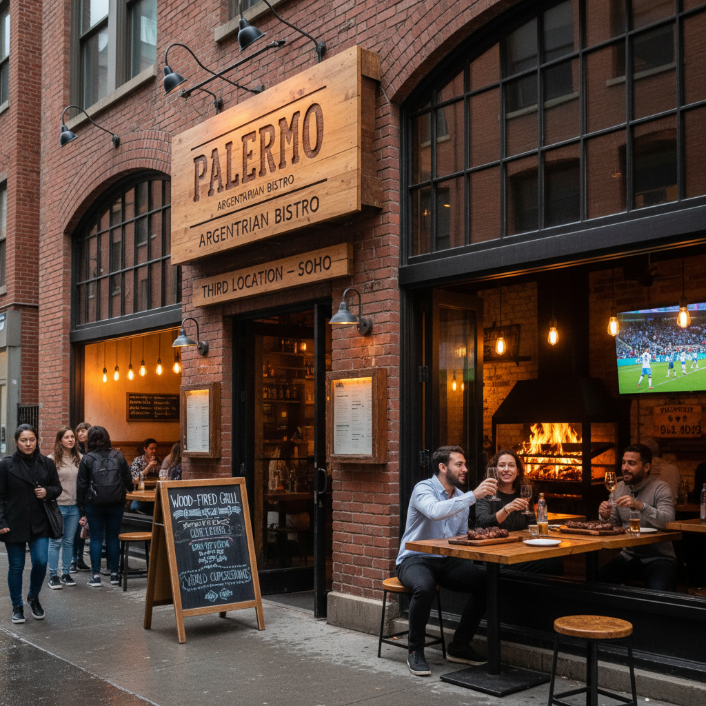 A vibrant, wood-fired grill at Palermo Argentinian Bistro's new SoHo location, inspired by Buenos Aires.