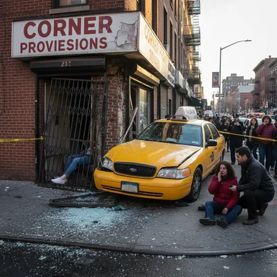 A taxi crashed through a bodega entrance on the Lower East Side after hitting two pedestrians.