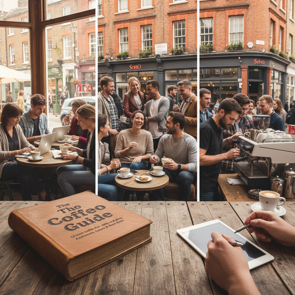 A bustling SoHo coffee shop interior with patrons, showcasing a realistic and inviting atmosphere for work, rest, and play.