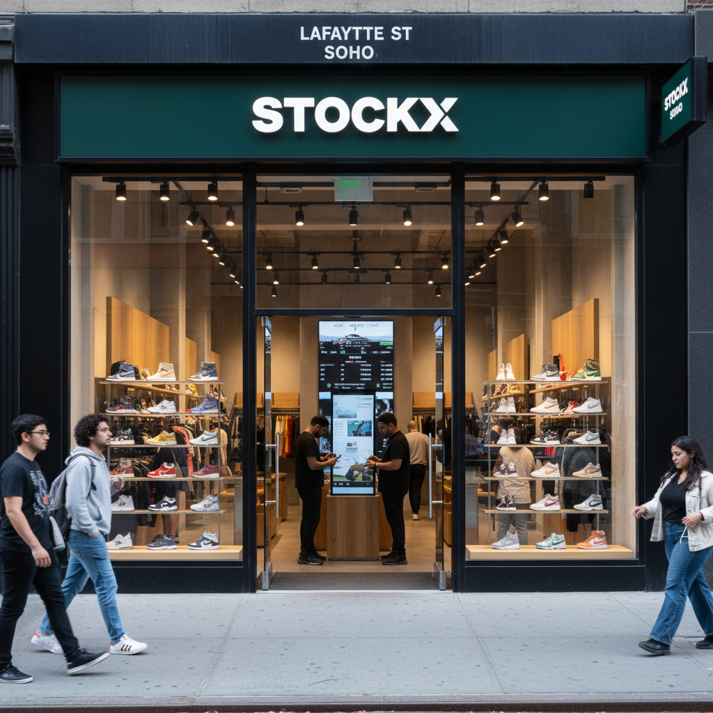 Modern SoHo storefront with StockX branding, displaying merchandise and digital screens.