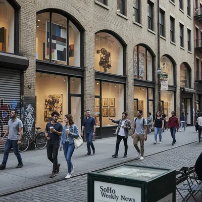 SoHo art galleries featuring diverse displays under natural lighting create an inviting urban art scene.