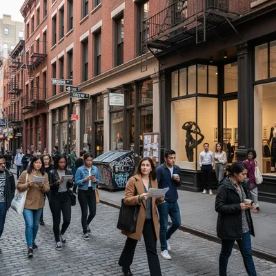 Street view of SoHo architecture and storefronts under natural lighting, showcasing a walkable urban guide.