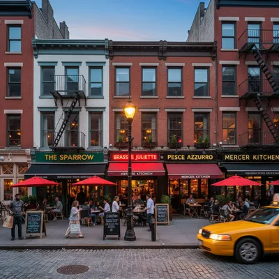 SoHo street view with diverse upscale restaurants and diners, showcasing dining options.