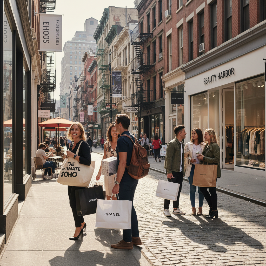 Street scene in SoHo, New York City, with diverse shoppers browsing high-end boutiques and stores during the day.