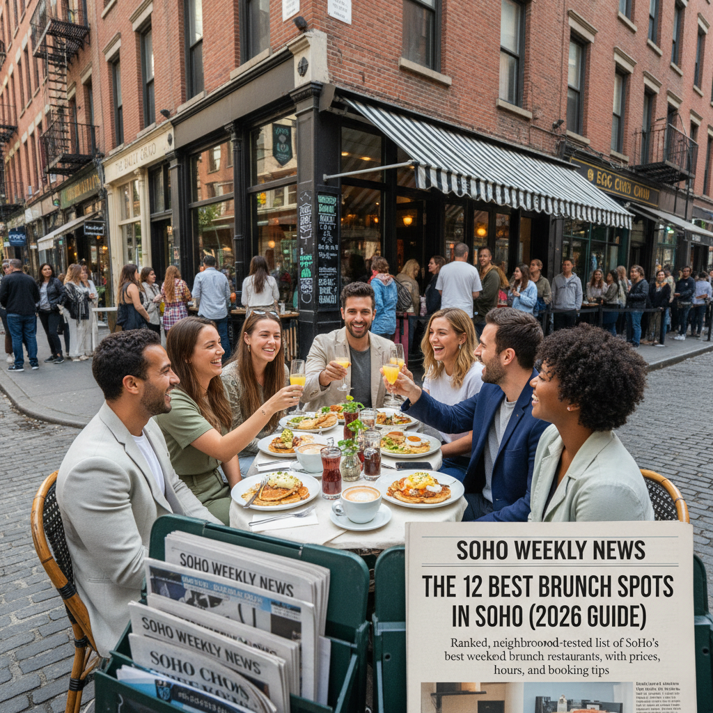 A photorealistic image of a trendy brunch restaurant in SoHo with natural lighting and realistic setting.