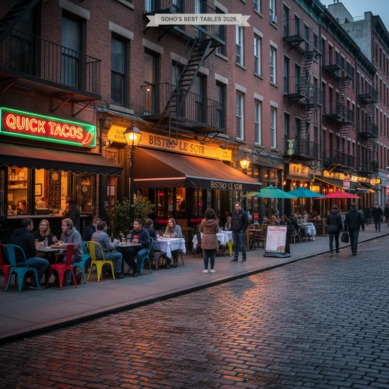 SoHo restaurant row at dusk with glowing signs and empty sidewalk tables near Spring Street