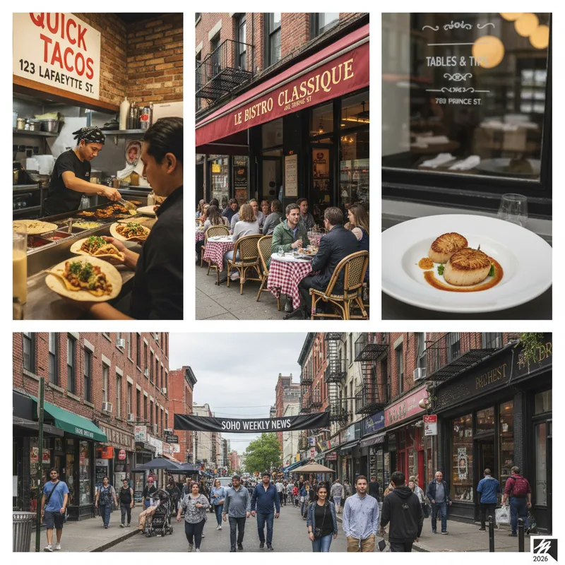 Collage of 5 diverse SoHo restaurants, showcasing different cuisines and dining ambiances for 2026.