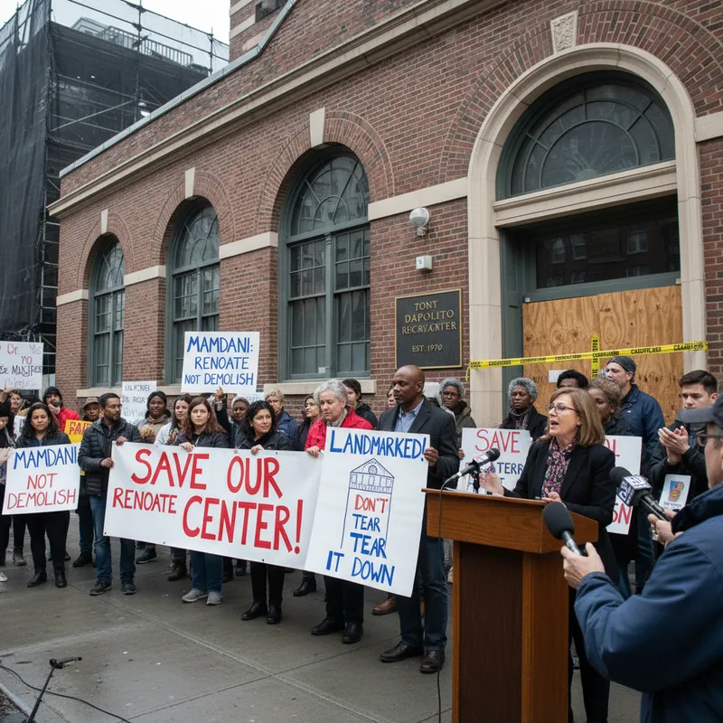 Protesters rally at Tony Dapolito Recreation Center advocating for renovation over demolition.