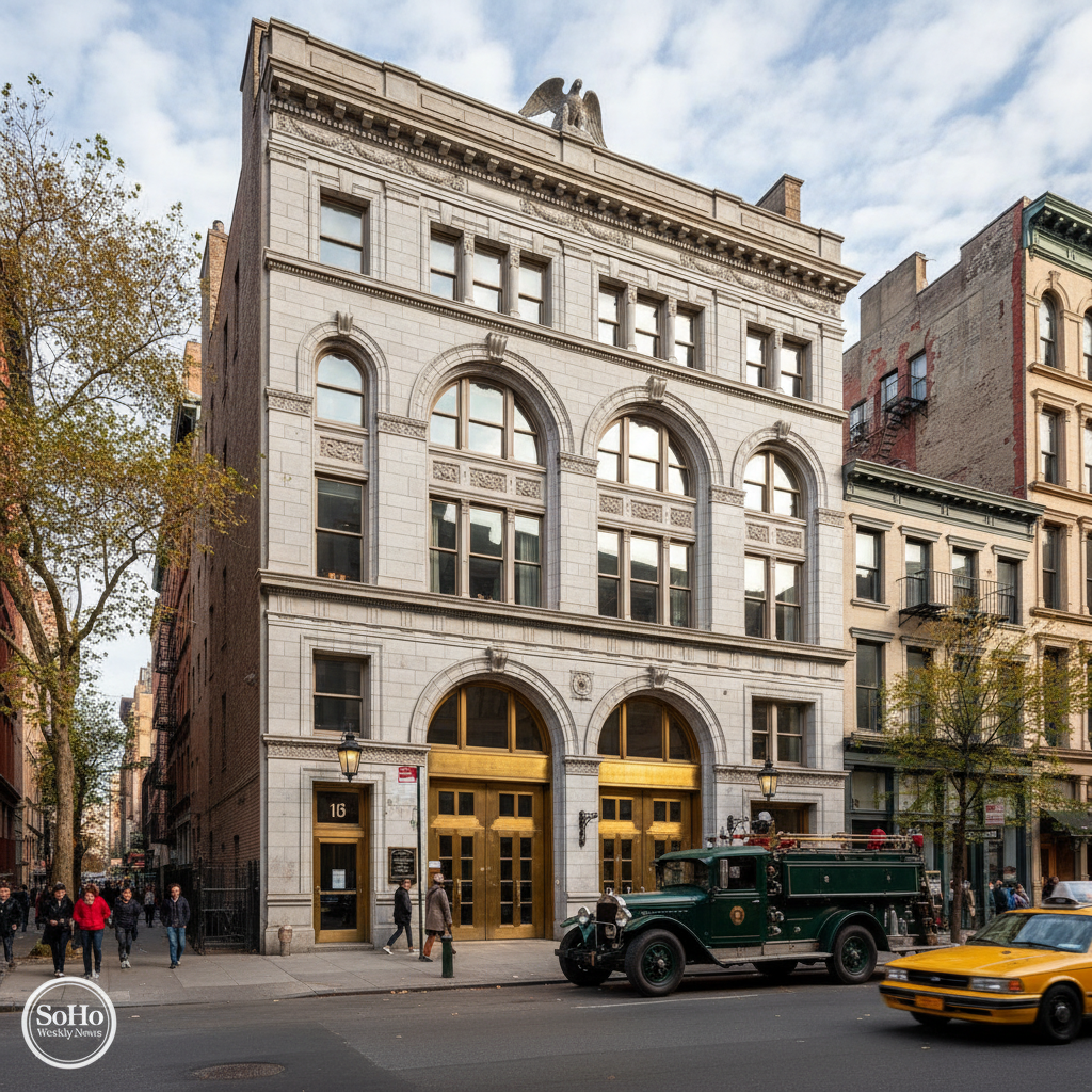 Daniel Arsham's custom-designed SoHo loft in a historic Beaux-Arts building, wide establishing shot.