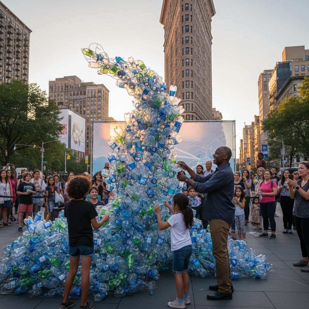 Willie Cole assembling a public sculpture using 2,500 recycled plastic bottles at Flatiron Plaza.