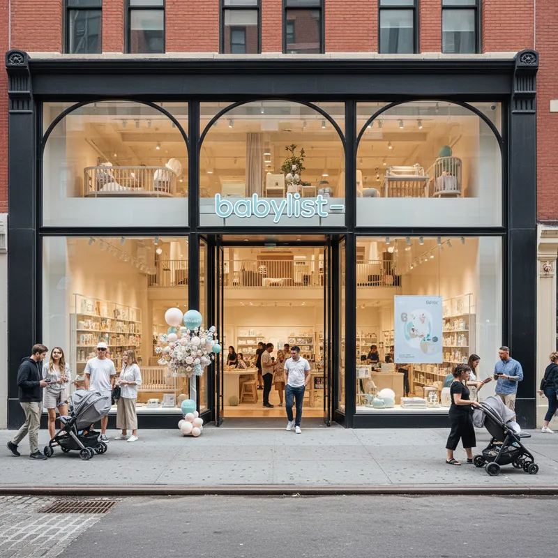 Spacious SoHo store interior with modern displays and natural light, showcasing baby products in a retail environment.