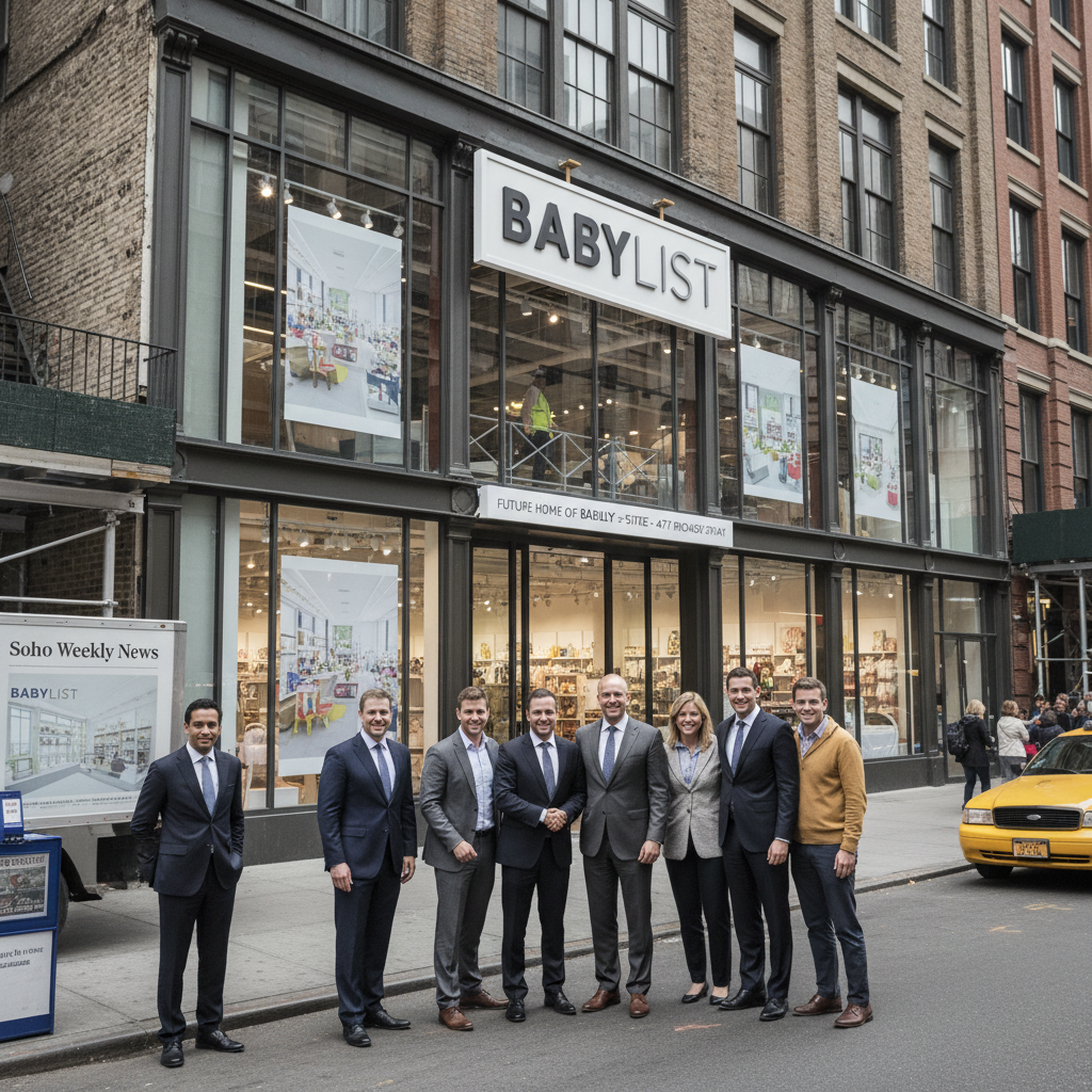 A modern, two-level Babylist store in SoHo with a realistic storefront and office setting.