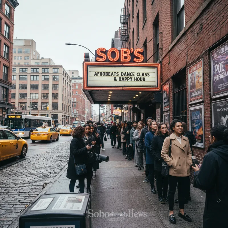 Attendees queue outside SOB’s music venue on Varick Street before a dance class and happy hour event.