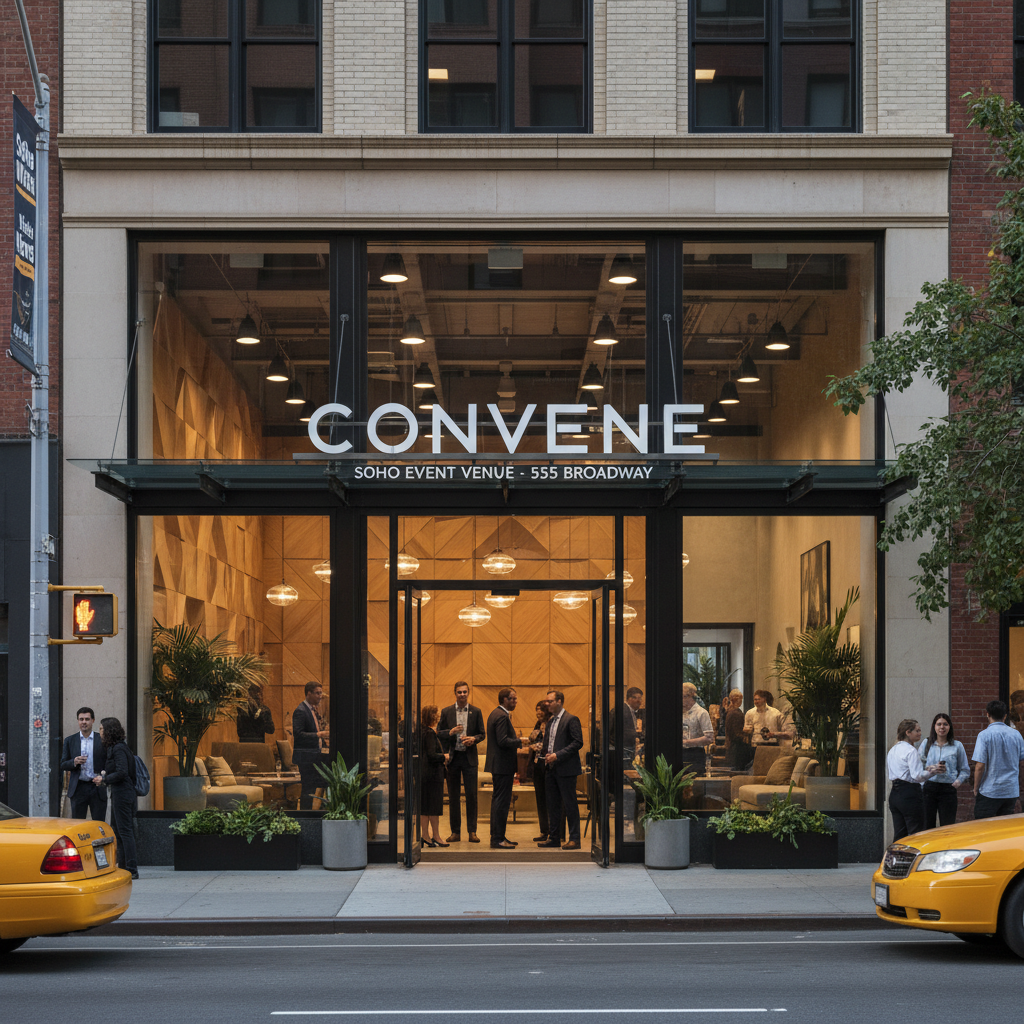 A photorealistic depiction of Convene's new 32,000-square-foot event venue located in SoHo's historic Scholastic Building.
