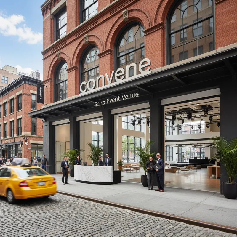 A modern, spacious event venue interior in SoHo with sleek furniture and decor.