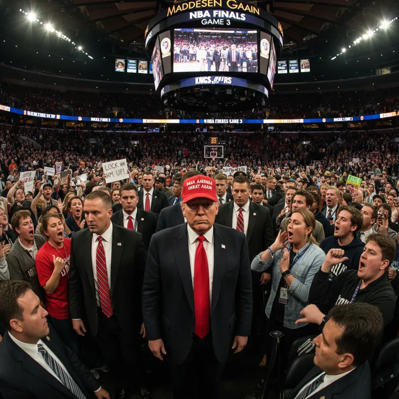 Former U.S. President Donald Trump walking into Madison Square Garden, booed by unseen crowd.
