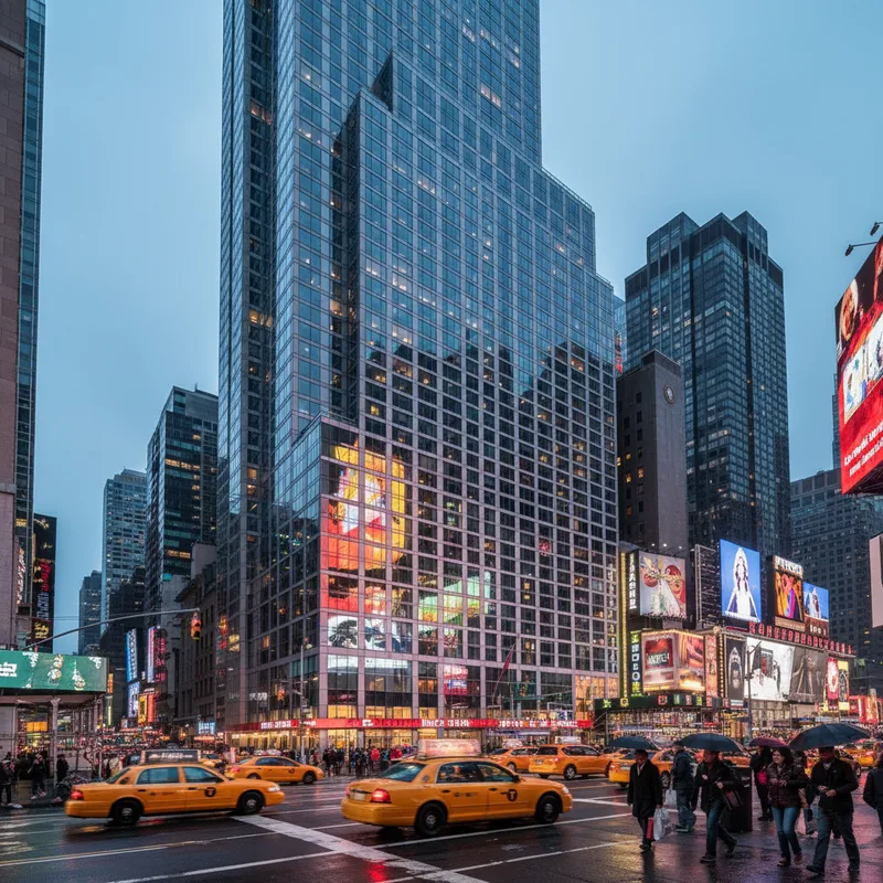 The modern glass facade of the Hotel Riu Plaza Manhattan Times Square, a premier accommodation choice for visitors to SoHo, Manhattan.