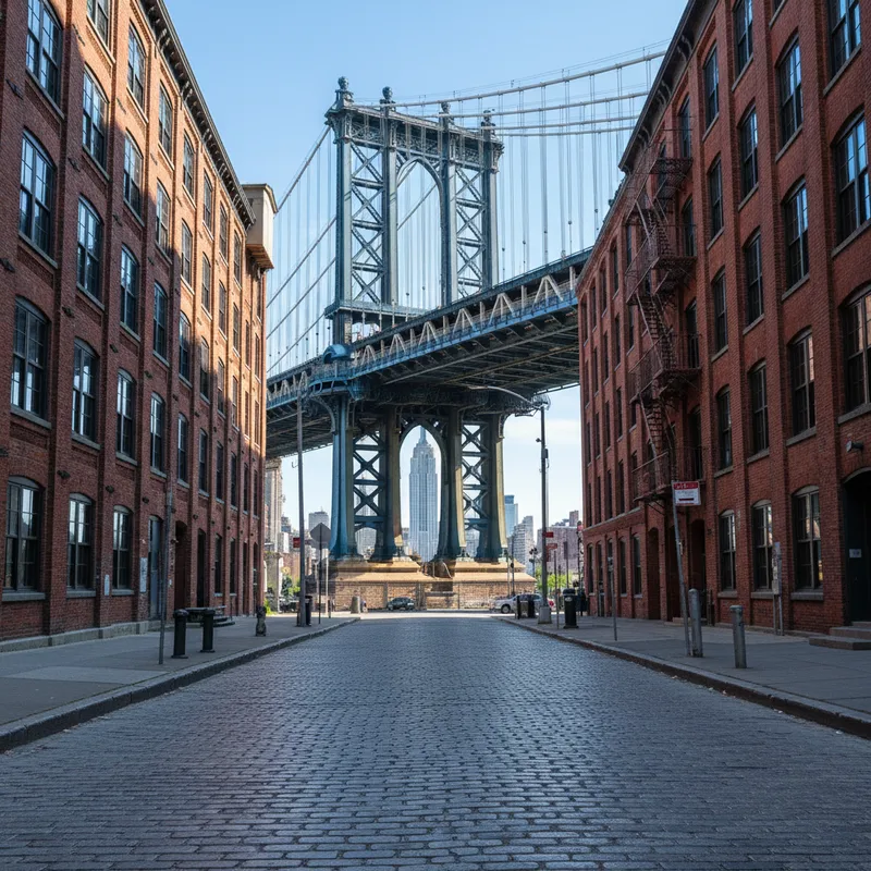 The iconic blue steel superstructure of the Manhattan Bridge, viewed from DUMBO in Brooklyn with the Empire State Building framed in the distance.